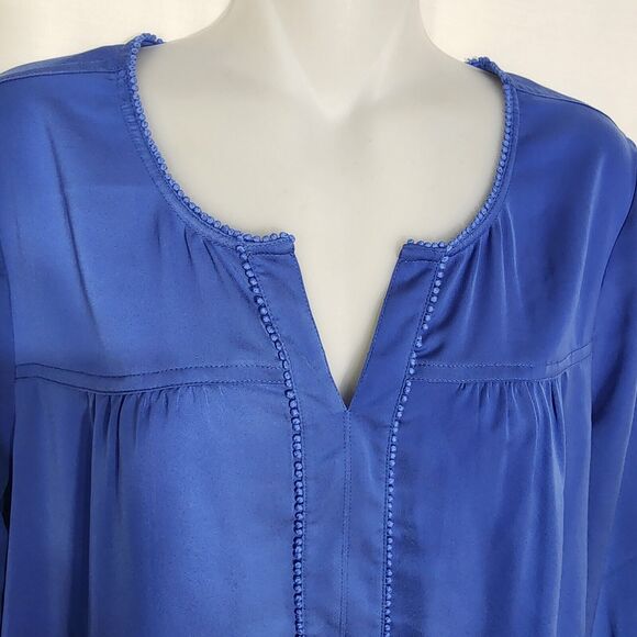 J Crew Womens Top Small Peasant Blouse Mini Pom Pom Trim Royal Blue 3/4 Sleeve - Picture 3 of 13